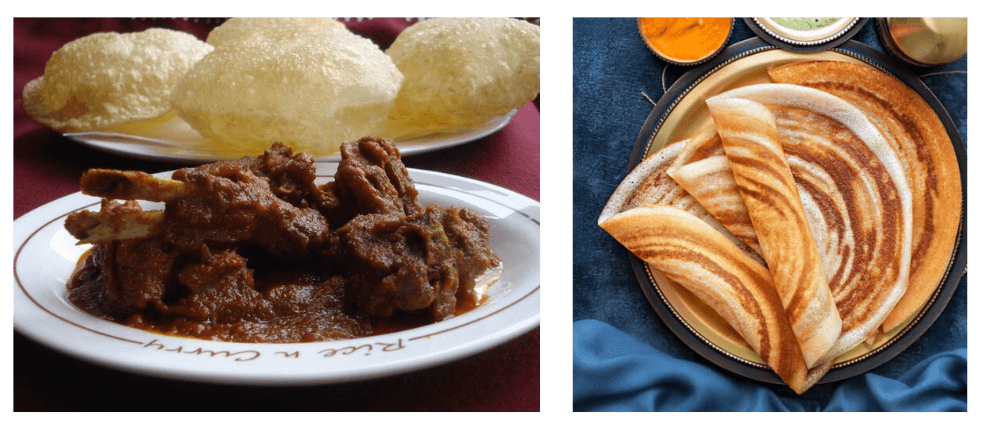 A photo of luchi-mangsho and another one of dosa, as described above.