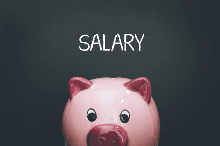 The word SALARY written on a chalkboard above a pink piggy bank.